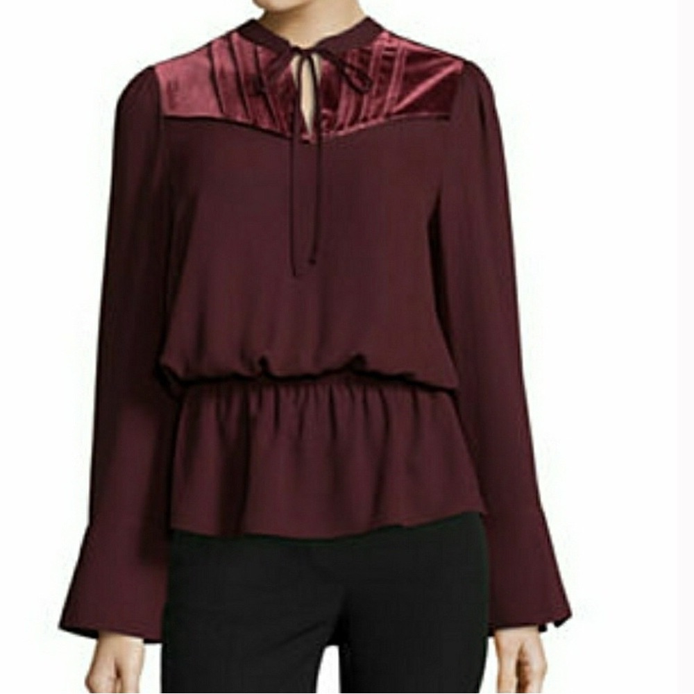 Worthington Burgundy Velvet Trim Top